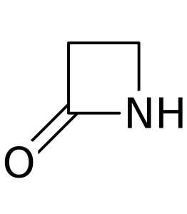 Chemical structure of a beta-lactam. A square shape is made by three carbon atoms and one nitrogen atom. One of the carbons adjacent to the nitrogen is double-bonded to an oxygen atom.