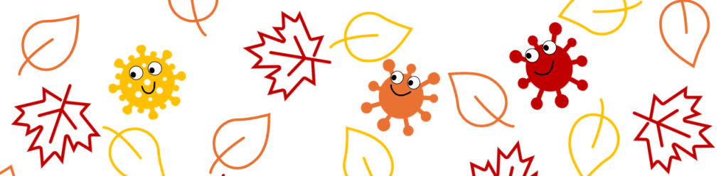 Decorative pattern of fall leaves and cartoon viruses with smiles.
